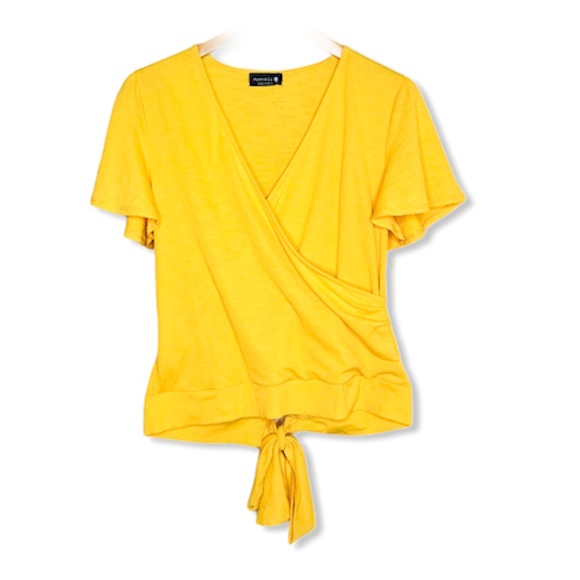 Paperoc Tops - Paperoc Yellow Faux Wrap Flutter Sleeve Top